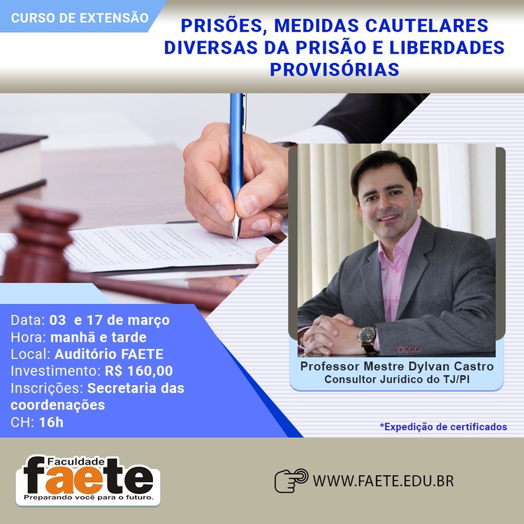 O curso ocorrerá no Auditório da FAETE nos dias 3 e 17 de março, nos turnos da manhã e tarde