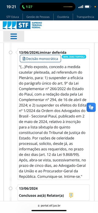 STF suspende Quinto Constitucional do tribunal de justiça  Piauí