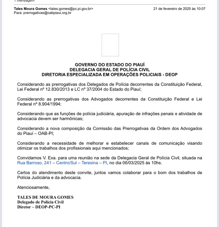 OAB/PI pede revogação de Portaria que limita acesso de advogados na Central de Flagrantes