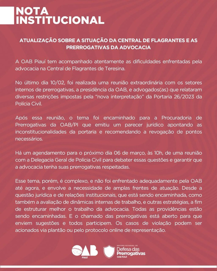 OAB/PI pede revogação de Portaria que limita acesso de advogados na Central de Flagrantes