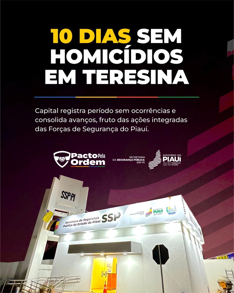 Teresina completa 10 dias sem homicídios no início de 2026, aponta SSP-PI