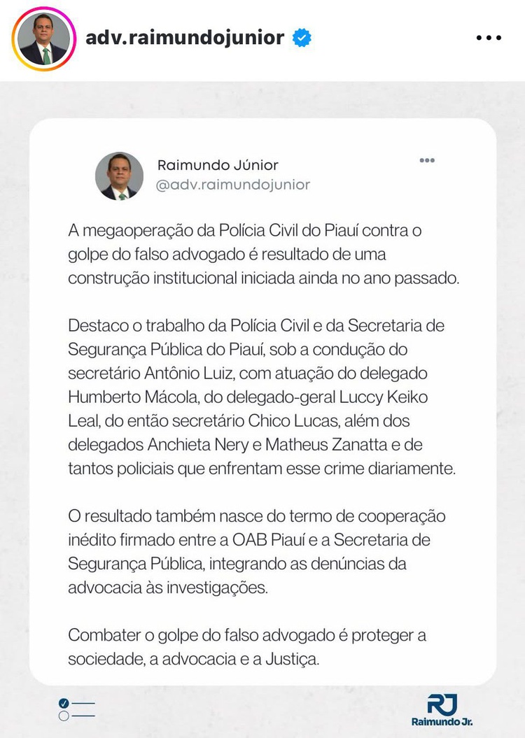 Presidente da OAB/PI Raimundo Júnior no Instagran