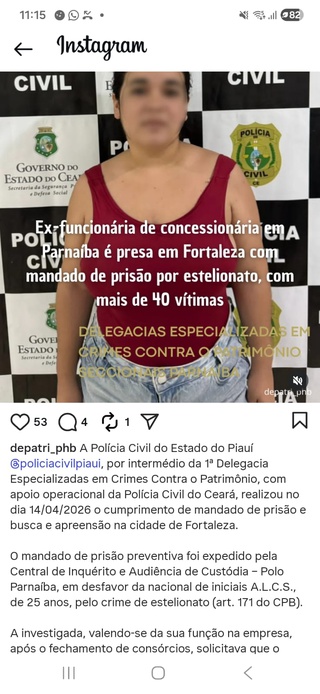 Ex-funcionária de concessionária de Parnaíba é presa em Fortaleza