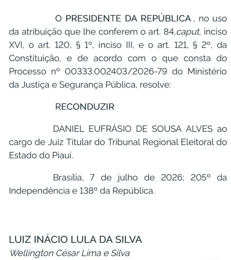 Lula nomeia Hillana Lopes e Daniel Alves para juízes do TRE/PI